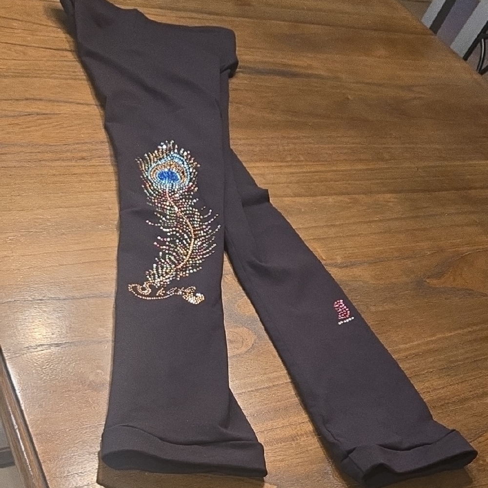 Girl's Ice Skating Black Leggings with Sparkle Peacock Design